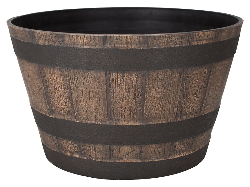 Landscapers Select PT-S022 Planter Barrel, 21 in Dia, 12 in H, Round, Whiskey Barrel Design, High-Density Resin, Satin