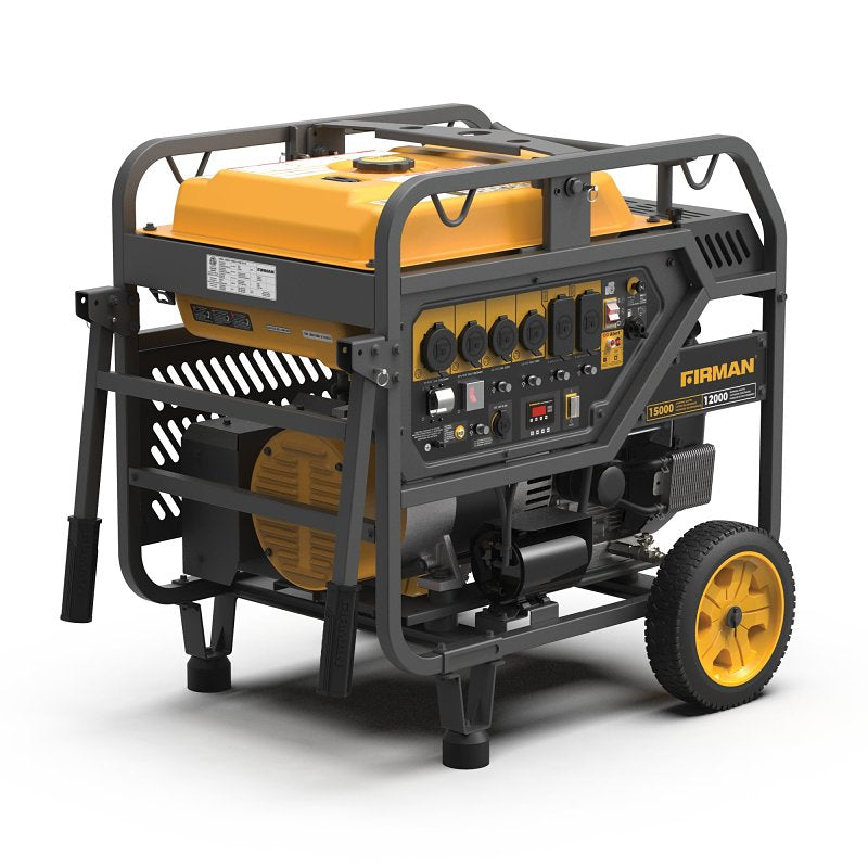 Firman P12002 Portable Generator, 50A, 120/240V, 15,000W Output, Gasoline, 13.3gal Tank, 11hr Run Time, Electric
