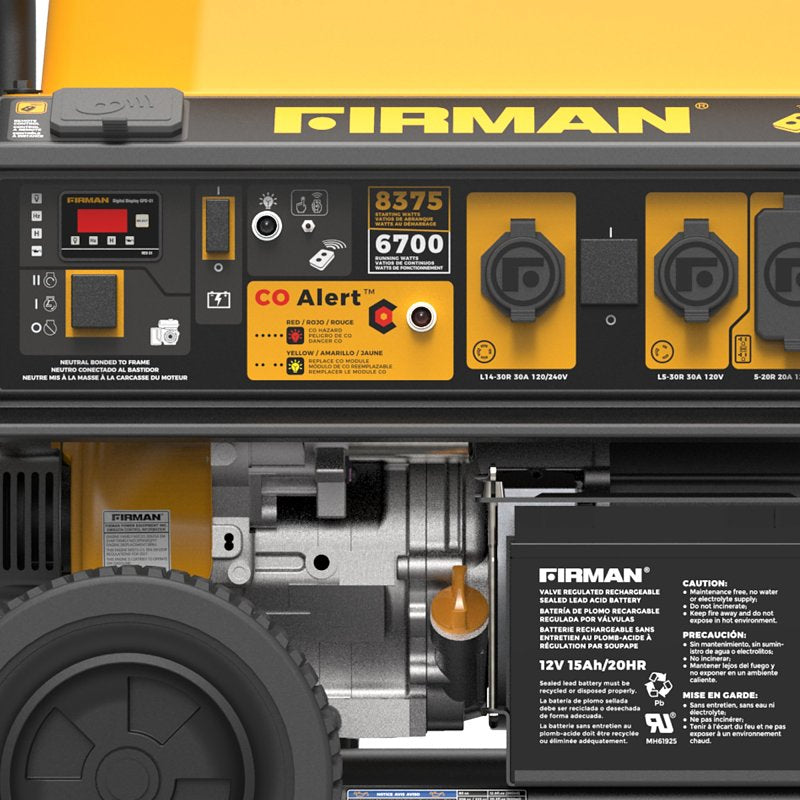 Firman P06707 Portable Generator, 30 A, 1200/240 V, 8375/6700 W Output, Gas, 13 hr Run Time, Electric, Remote, Recoil Start