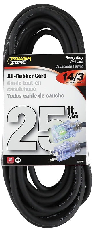 PowerZone OREC732725 Cord, 14/3 AWG Cable, Lighted, 25 ft L, 15 A, 125 V, Black