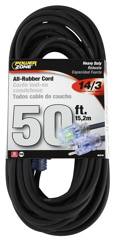PowerZone OREC732730 Extension Cord, 14/3 AWG Cable, Lighted, 50 ft L, 15 A, 125 V, Black