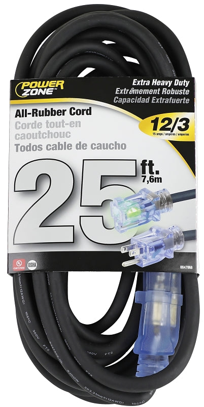 PowerZone OREC732825 Extension Cord, 12/3 AWG Cable, 25 ft L, 15 A, Black