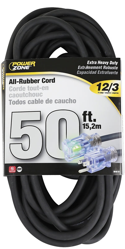 PowerZone OREC732830 Extension Cord, 12/3 AWG Cable, 50 ft L, 15 A, Black