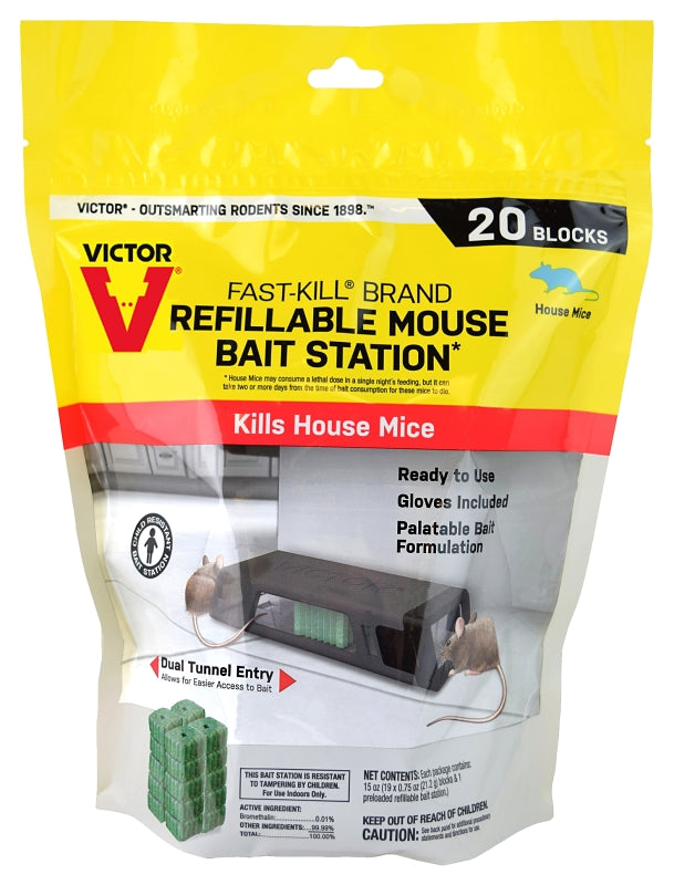 Victor M923 Mouse Bait Station, Includes: (19) Bait Block Refills, Disposable Gloves, 2-Opening, Plastic