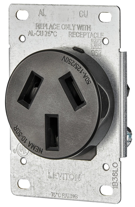 Leviton R20-05206-S10 Electrical Receptacle, Flush Mounting, 3 -Pole, 125/250 V, 50 A, NEMA: NEMA 10-50R, Black