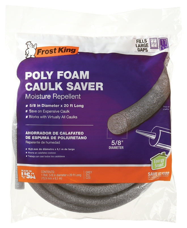 Frost King C23H Caulk Saver, 5/8 in Dia, 20 ft L, Polyfoam, Gray