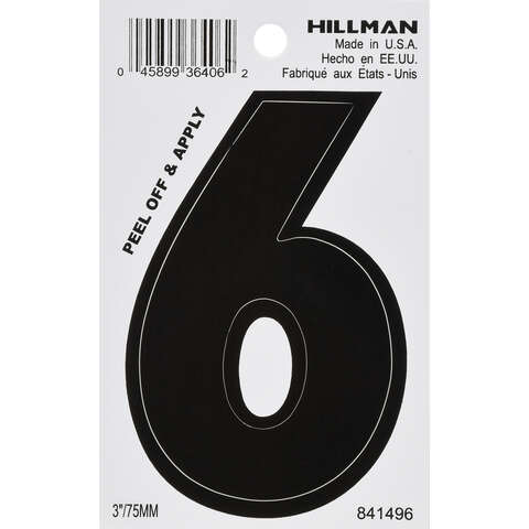 HILLMAN 3 in. Black Vinyl Self-Adhesive Number 6 1 pc, Pack of 6