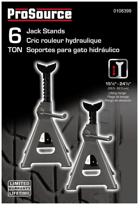 ProSource T210105 Jack Stand, 6 ton, 15-1/2 to 24-1/2 in Lift, Steel, Gray