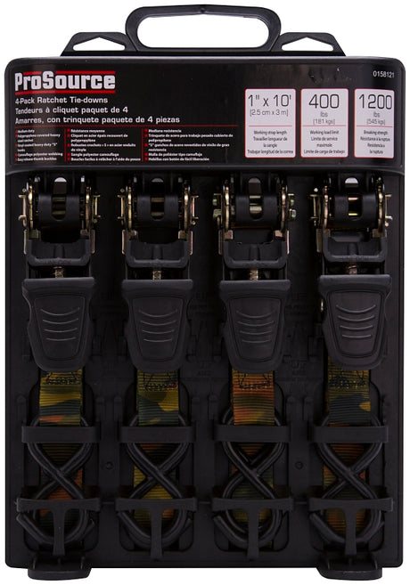 ProSource FH64052-CAMO Tie-Down, 4-Pk, 1 in W, 10 ft L, Polyester Webbing, Metal Ratchet, Camouflage, 400 lb, Pack of 6