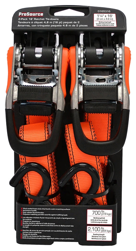 ProSource FH4013 Tie-Down, 1-1/4 in W, 16 ft L, Polyester Webbing, Metal Ratchet, Orange, 700 lb, S-Hook End Fitting