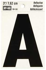 Hy-Ko RV-50/A Reflective Letter, Character: A, 3 in H Character, Black Character, Silver Background, Vinyl, Pack of 10