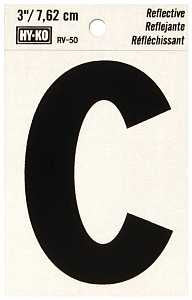 Hy-Ko RV-50/C Reflective Letter, 2-1/2 in W x 4 in H Dimensions, Character: C, 3 in H Character, Black Character, Vinyl, Pack of 10