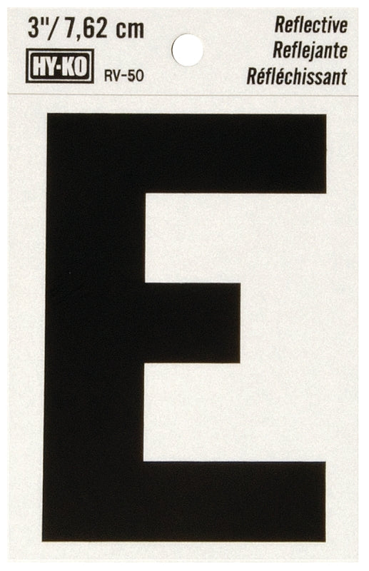 Hy-Ko RV-50/E Reflective Letter, 2-1/2 in W x 4 in H Dimensions, Character: E, 3 in H Character, Black Character, Vinyl, Pack of 10