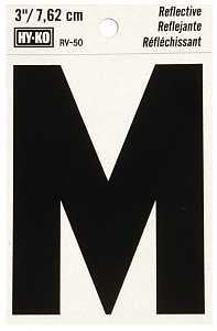 Hy-Ko RV-50/M Reflective Letter, Character: M, 3 in H Character, Black Character, Silver Background, Vinyl, Pack of 10