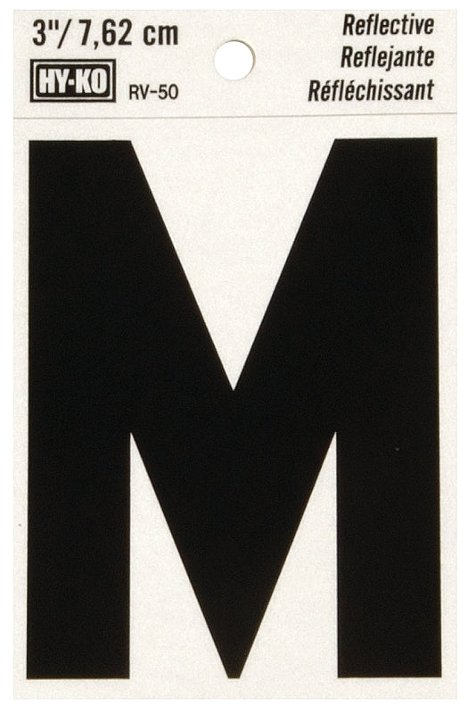Hy-Ko RV-50/M Reflective Letter, Character: M, 3 in H Character, Black Character, Silver Background, Vinyl, Pack of 10