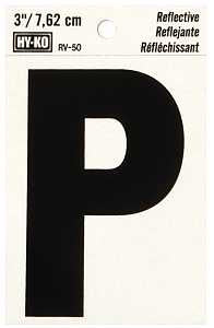 Hy-Ko RV-50/P Reflective Letter, 2-1/2 in W x 4 in H Dimensions, Character: P, 3 in H Character, Black Character, Vinyl, Pack of 10