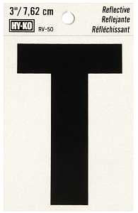 Hy-Ko RV-50/T Reflective Letter, Character: T, 3 in H Character, Black Character, Silver Background, Vinyl, Pack of 10