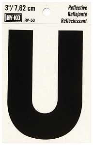Hy-Ko RV-50/U Reflective Letter, Character: U, 3 in H Character, Black Character, Silver Background, Vinyl, Pack of 10