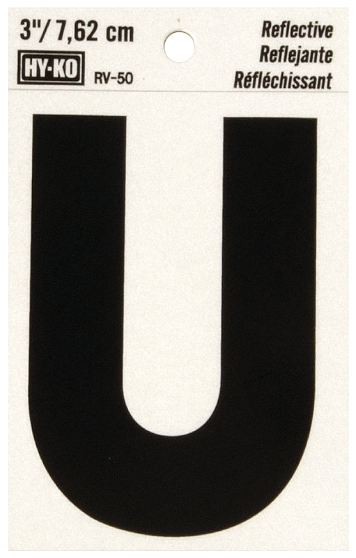 Hy-Ko RV-50/U Reflective Letter, Character: U, 3 in H Character, Black Character, Silver Background, Vinyl, Pack of 10
