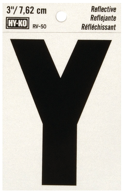 Hy-Ko RV-50/Y Reflective Letter, 2-1/2 in W x 4 in H Dimensions, Character: Y, 3 in H Character, Black Character, Vinyl, Pack of 10
