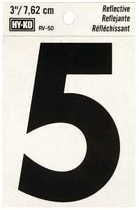 Hy-Ko RV-50/5 Reflective Sign, Character: 5, 3 in H Character, Black Character, Silver Background, Vinyl, Pack of 10