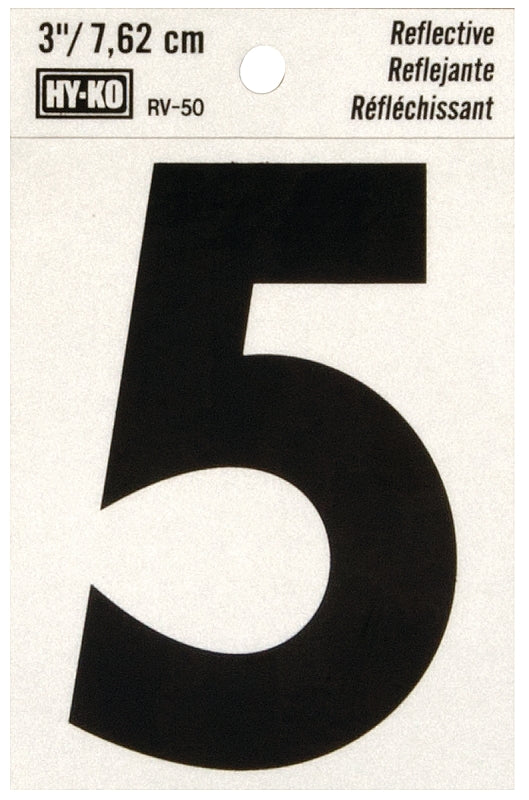Hy-Ko RV-50/5 Reflective Sign, Character: 5, 3 in H Character, Black Character, Silver Background, Vinyl, Pack of 10