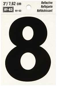 Hy-Ko RV-50/8 Reflective Sign, Character: 8, 3 in H Character, Black Character, Silver Background, Vinyl, Pack of 10