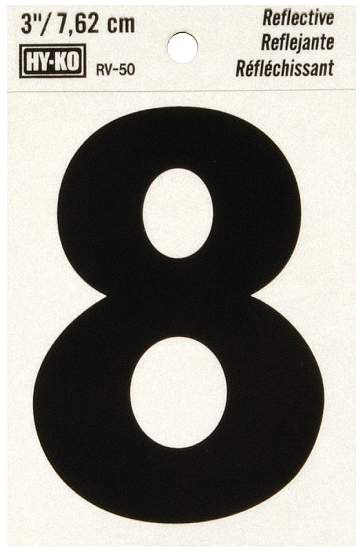 Hy-Ko RV-50/8 Reflective Sign, Character: 8, 3 in H Character, Black Character, Silver Background, Vinyl, Pack of 10