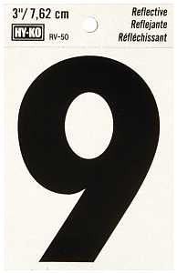 Hy-Ko RV-50/9 Reflective Sign, Character: 9, 3 in H Character, Black Character, Silver Background, Vinyl, Pack of 10