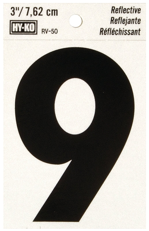Hy-Ko RV-50/9 Reflective Sign, Character: 9, 3 in H Character, Black Character, Silver Background, Vinyl, Pack of 10