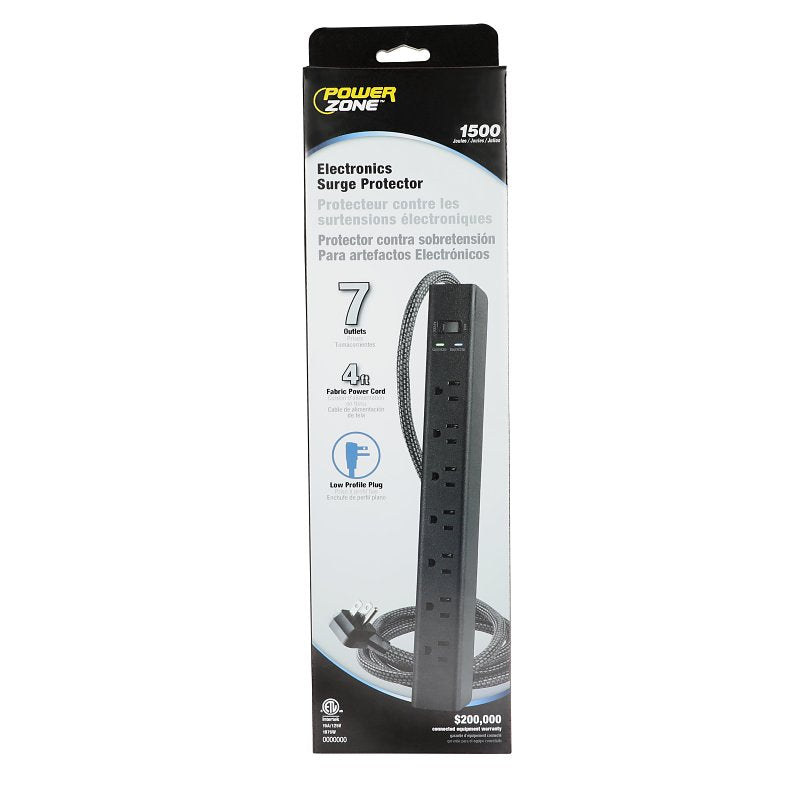 Powerzone ORPBSF405 Surge Strip, 4 ft L Cable, 7-Socket, Black