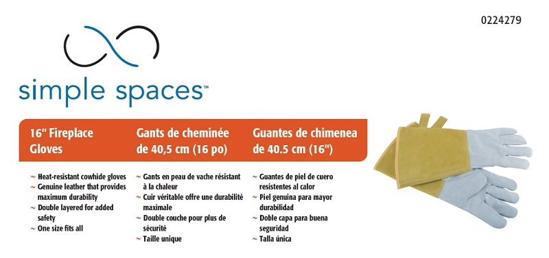 Simple Spaces CPA03110MM Hearth Fireplace Gloves, 16 in, Cowhide Leather