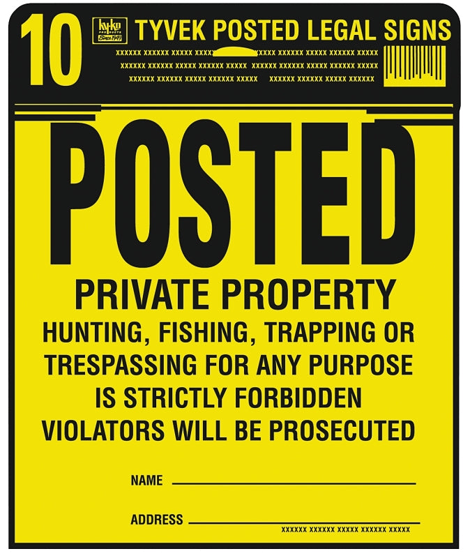 Hy-Ko PP-1 Legal Sign Kit, Square, Black Legend, Yellow Background, Tyvek, 11 in W x 11 in H Dimensions