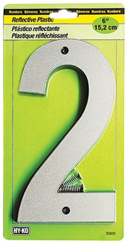 Hy-Ko 30800 Series 30802 Reflective Sign, Character: 2, 6 in H Character, Black/Silver Character, Plastic, Pack of 5