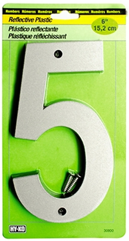 Hy-Ko 30800 Series 30805 Reflective Sign, Character: 5, 6 in H Character, Black/Silver Character, Plastic, Pack of 5