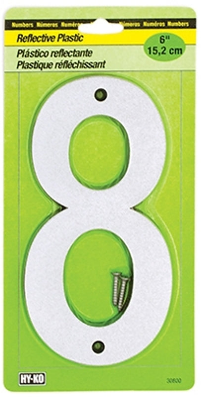 Hy-Ko 30800 Series 30808 Reflective Sign, Character: 8, 6 in H Character, Black/Silver Character, Plastic, Pack of 5