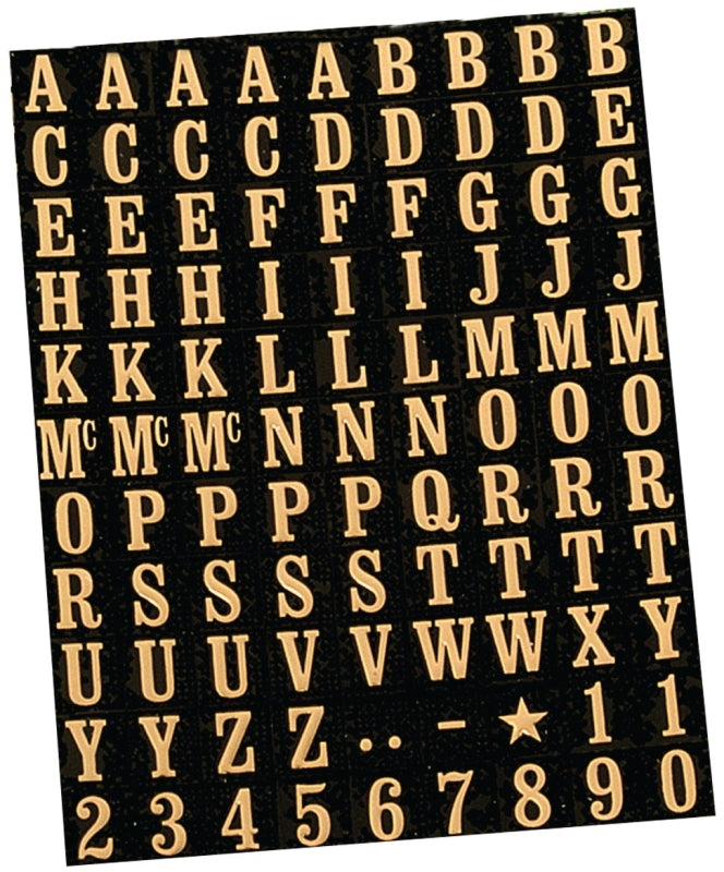 Hy-Ko MM-1 Packaged Number and Letter Set, 5/16 in H Character, Gold Character, Black Background, Mylar, Pack of 10