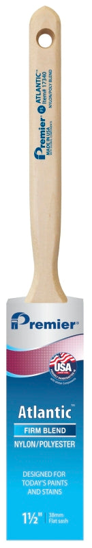 Premier Atlantic 17340 Paint Brush, 1-1/2 in W, Flat Sash Brush, 2-7/16 in L Bristle, Nylon/Polyester Bristle