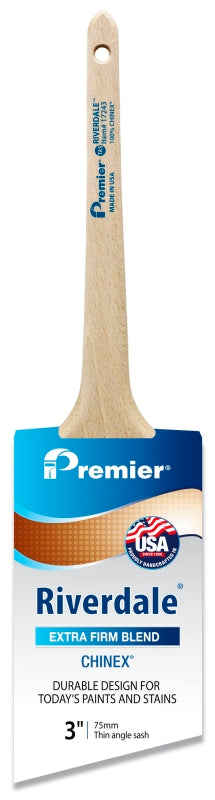 Premier Riverdale 17243 Paint Brush, 3 in W, Thin Angle Sash Brush, 2-15/16 in L Bristle, Chinex Bristle