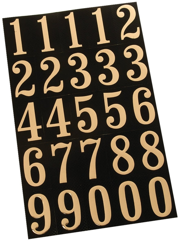 Hy-Ko MM-3N Packaged Number Set, 1-3/4 in H Character, Gold Character, Black Background, Mylar, Pack of 10