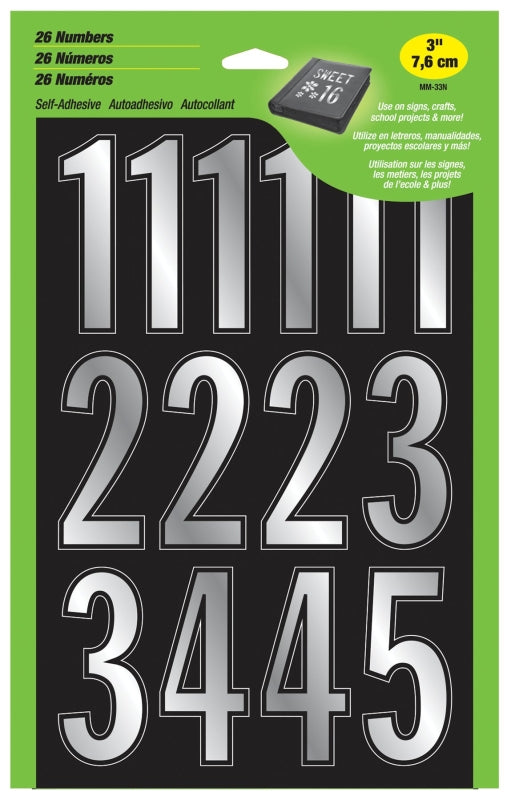 Hy-Ko MM-33N Prism Number Set, 3 in H Character, Silver Character, Vinyl, Pack of 5