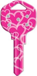 Hy-Ko 16005KW1-HTS Key Blank, Bling Hearts, Brass, Painted, For: Kwikset KW1, Titan KW10 Keyways, Pack of 5