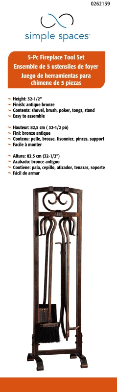 Simple Spaces CPO90501AC3L Fireplace Tool Set, Antique Bronze, 5-Piece