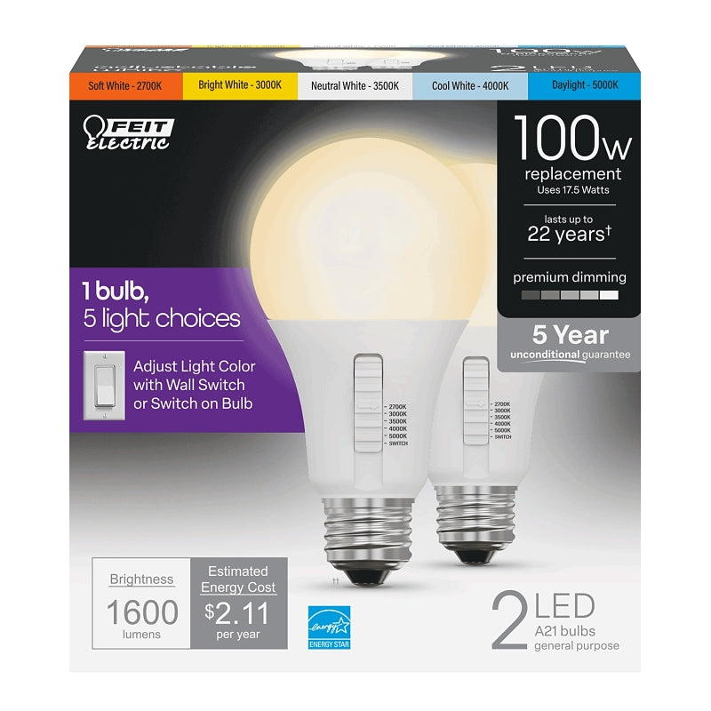Feit Electric OM100DM/6WYCA/2 LED Light Bulb, A21 Lamp, 100 W Equivalent, E26 Lamp Base, White