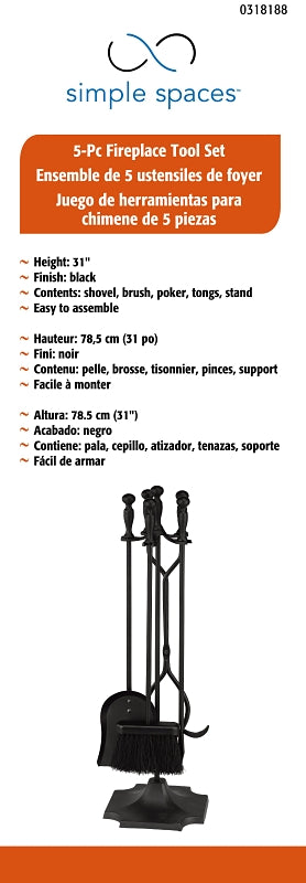 Simple Spaces T51030BK-C3L Fireplace Tool Set, Black, 5-Piece