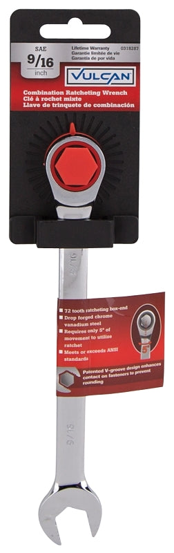 Vulcan PG9/16 Combination Wrench, SAE, 9/16 in Head, Chrome Vanadium Steel, Polished Mirror