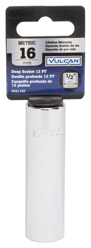 Vulcan MT6528977 Drive Socket, 16 mm Socket, 1/2 in Drive, 12-Point, Chrome Vanadium Steel, Chrome