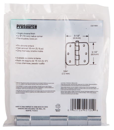 ProSource 20347BCX Door Hinge, Steel, Chrome, Loose Pin, 180 deg Range of Motion, Screw Mounting