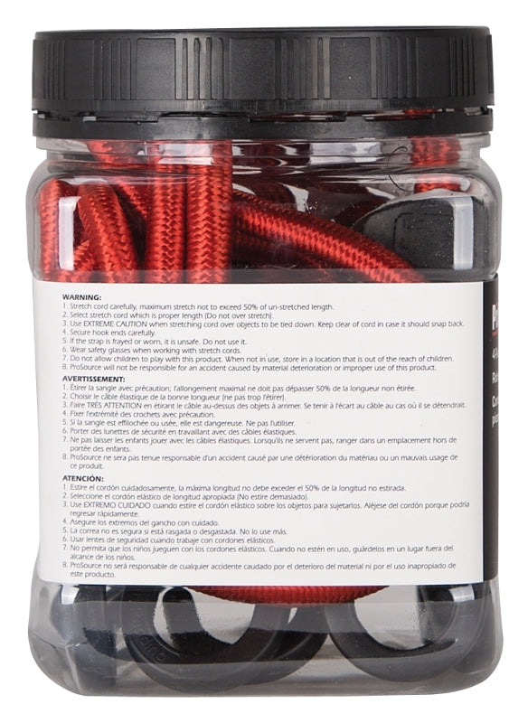ProSource FH4032 Stretch Cord, 9 mm Dia, 24 in L, Polypropylene, Red, Hook End, Pack of 12