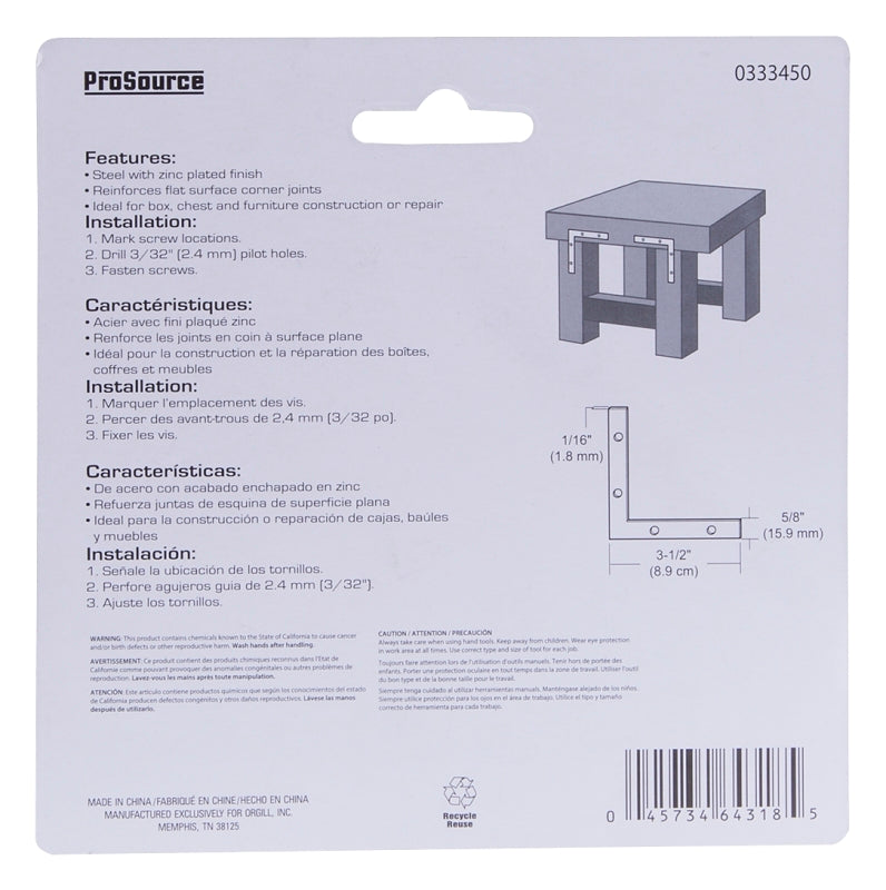 ProSource FC-Z035-C4PS Corner Brace, 3-1/2 in L, 3-1/2 in W, 5/8 in H, Steel, Zinc-Plated, 1.8 mm Thick Material
